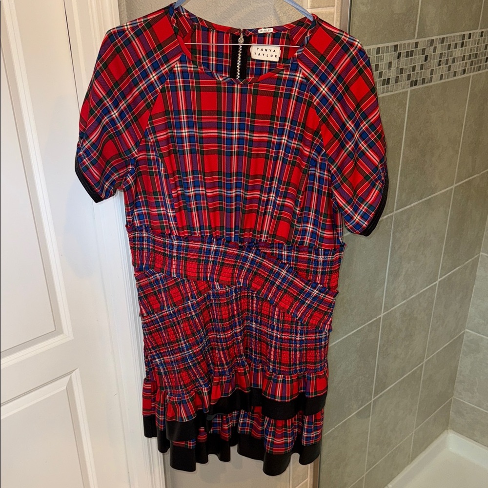 Tanya Taylor Red Plaid Nicole Cinched Skirt Dress Lambskin Leather Trim Size 16